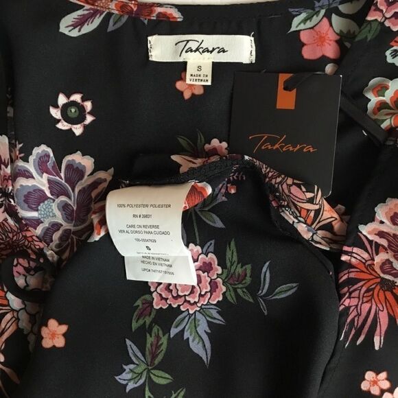 Takara Blouse Tie Front Black Floral Orange White Bell Sleeves Small - Picture 5 of 7